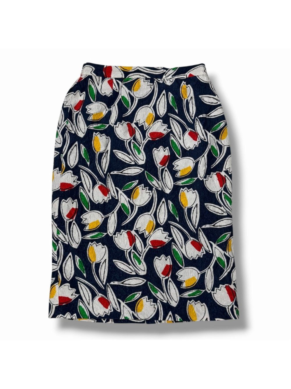 Oscar De La Renta VTG Silk Navy Tulip Print Midi Skirt Sz 6 Lined Zip Pencil Art